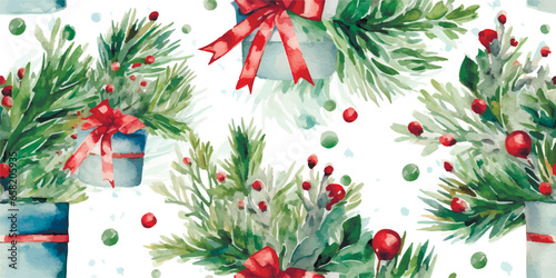 Christmas seamless pattern with gifts, berries, holly leaves, snow balls, fir branches. Vector background on white. Cute illustration for fabric, wrapping paper, postcard design