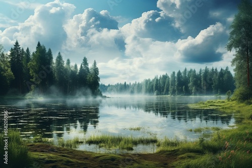 Serenely beautiful landscape of a white lake surrounded by trees and soft clouds. Generative AI