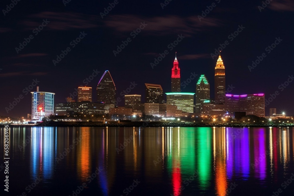 Colorful layered skyline of Cleveland. Generative AI