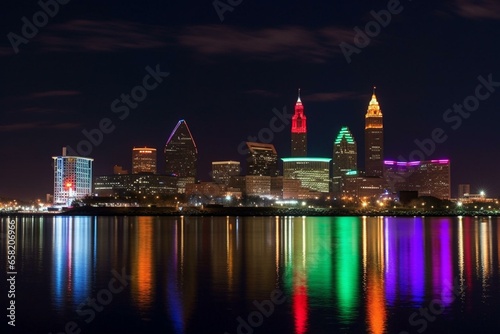 Colorful layered skyline of Cleveland. Generative AI
