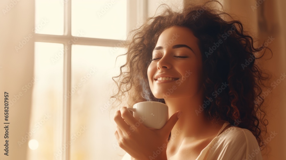 Obraz na płótnie Portrait of joyful young woman enjoying a cup of coffee at morning w salonie