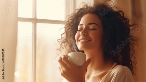 Portrait of joyful young woman enjoying a cup of coffee at morning