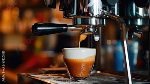 Espresso pouring from coffee machine to cup close up photo
