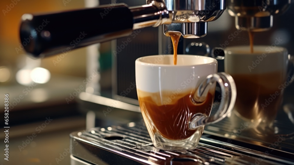 Espresso pouring from coffee machine to cup close up