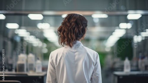 A professional, viewed from the back and adorned in a white lab coat, oversees a modern agricultural laboratory, symbolizing the fusion of science and agriculture in enhancing crop development. photo