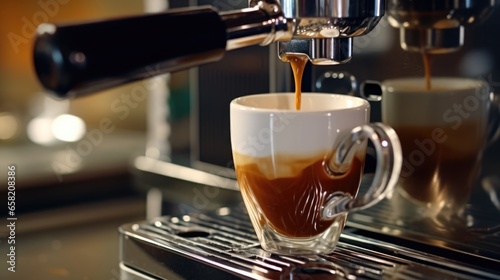 Espresso pouring from coffee machine to cup close up