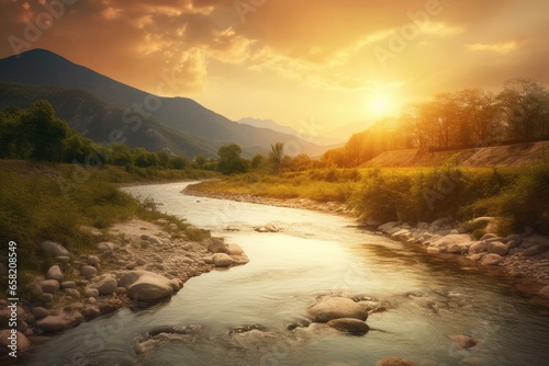 Mountainous river landscape with sunset backdrop. Generative AI