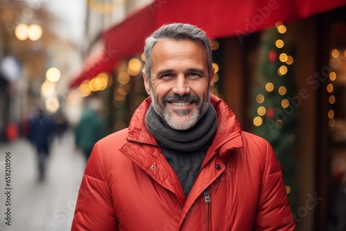 Portrait of a handsome middle-aged man in a red jacket and gray scarf on a city street.