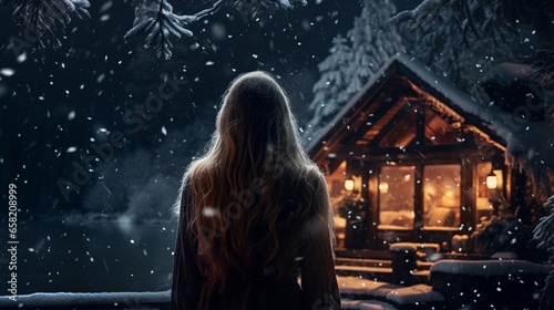 A woman, viewed from behind, gazes upon a distant, warmly lit cabin nestled amidst undisturbed snowy wilderness, her form a dark contrast against the pristine, moonlit snow, embodying secluded festive