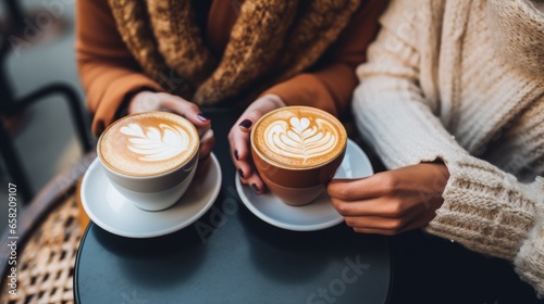 Close up white coffee cup with latte art milk shape made by professional barista photo