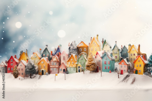 Fairy Tale Winter Town, watercolor. Cute Toy Winter or Christmas Houses in the snow. Merry Christmas and Happy New Year Background © maxa0109