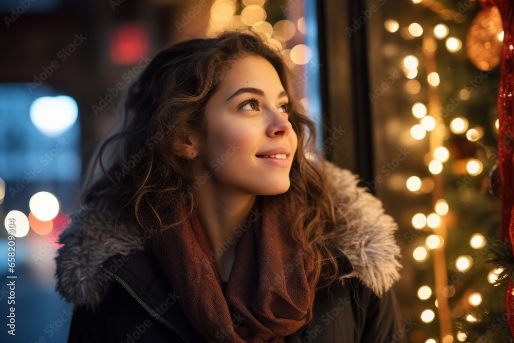 beautiful young woman with christmas lights in the city at night