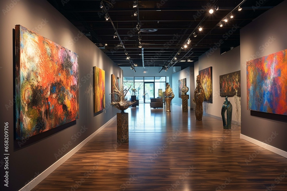 The room is filled with an exuberant art display, inviting viewers to admire the colorful paintings embellishing the surroundings. Generative AI - obrazy, fototapety, plakaty 