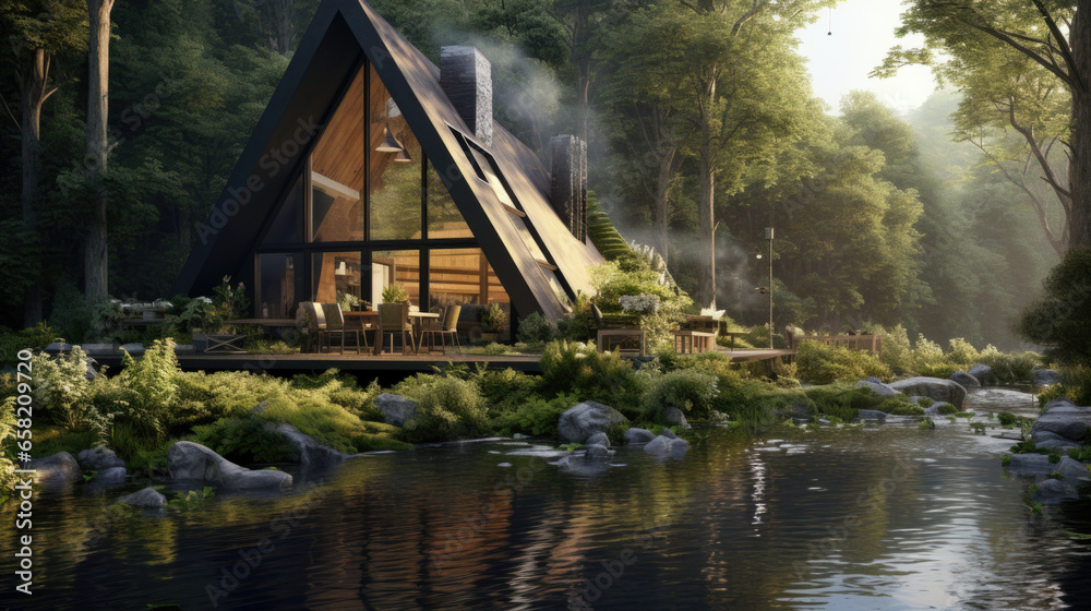 Cute triangle houses on a background of green forest near a river.