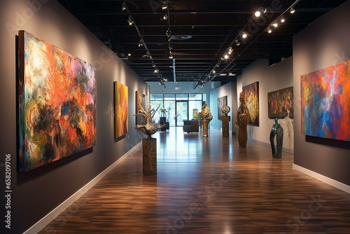 The room is filled with an exuberant art display, inviting viewers to admire the colorful paintings embellishing the surroundings. Generative AI