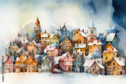 Fairy Tale Winter Town, watercolor. Cute Colorful Old Houses 