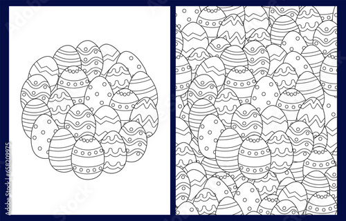 Easter eggs coloring pages set in US Letter format. Doodle background with ornamental doodle eggs  for coloring book. Vector illustration