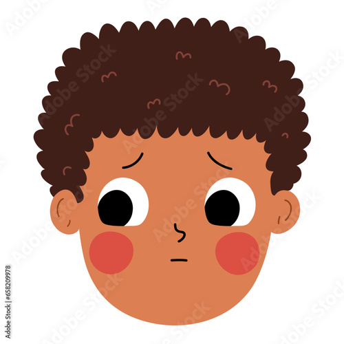 Shy boy face. Embarrassed kid emotion. Close up portrait of confused character. Vector illustration