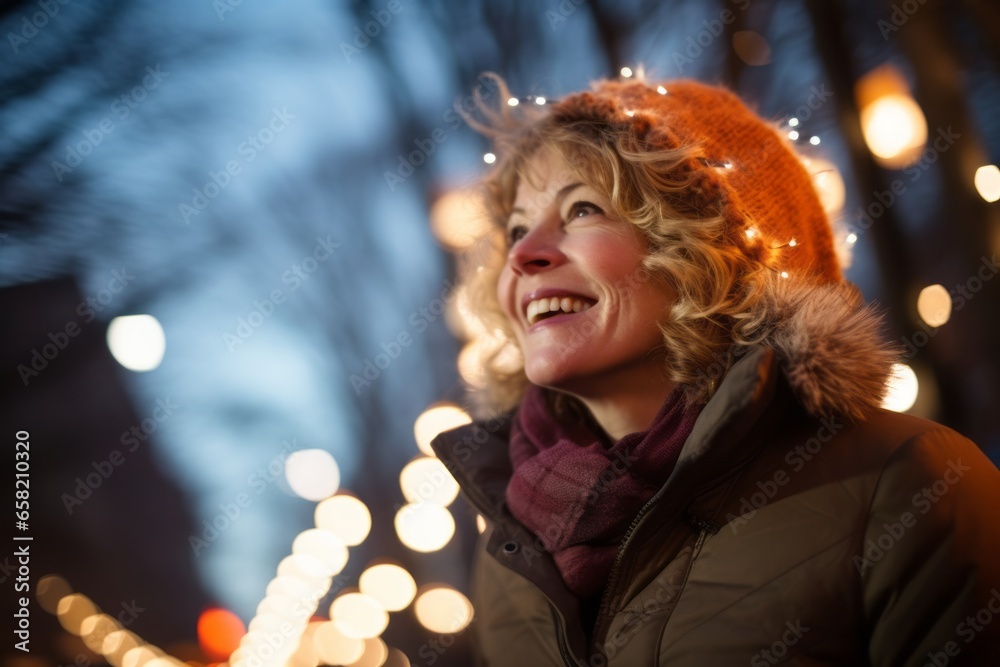 Portrait of a smiling woman in winter clothes on a background of Christmas lights