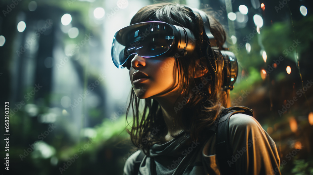 Captivating teenager in VR headset, exploring a luminescent cybernetic forest with holographic wildlife. Captivating teenager in VR headset, exploring a luminescent cybernetic forest with holographic wildlife.
