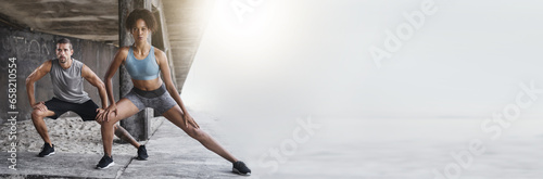 Legs, stretching and fitness couple outdoor with mockup for training, wellness or cardio routine together. Body, stretch and sweating sport people outside for running, exercise or resilience practice