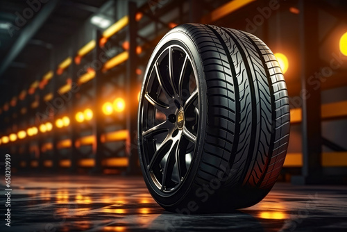 New car tires and car wheels in the background of dark. sales and repair car concept.
