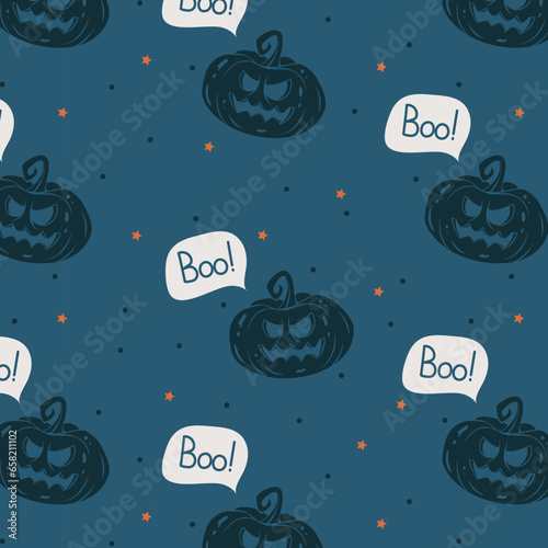 Vector Halloween pattern with black pumpkin on blue background. Great element for your Halloween design.