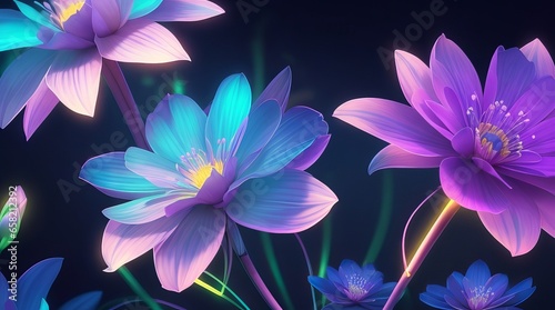 Futuristic Neon Glow Flowers Wallpaper  Vibrant Blossom Background. 