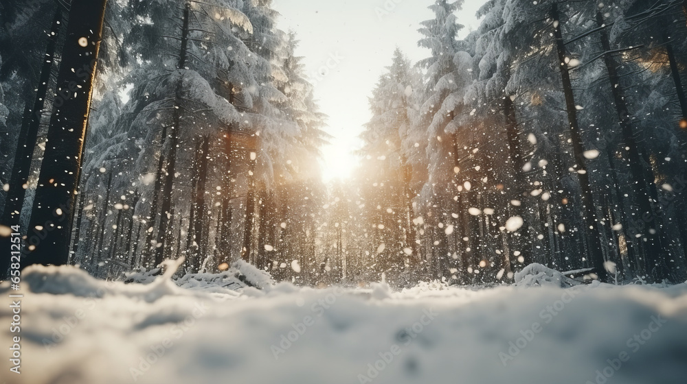 Obraz na płótnie Low angle winter forest landscape blurry background with snow trees and snowfall w salonie