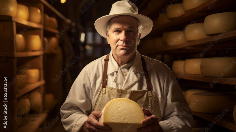 Man Cheesemaker holding a cheese wheel in a cellar - obrazy, fototapety, plakaty 