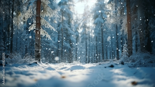 Low angle winter forest landscape blurry background with snow trees and snowfall photo
