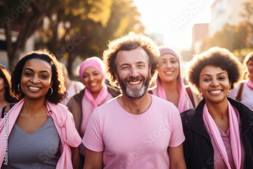 Group portrait of breast cancer awareness advocates wearing pink clothes with a man in middle