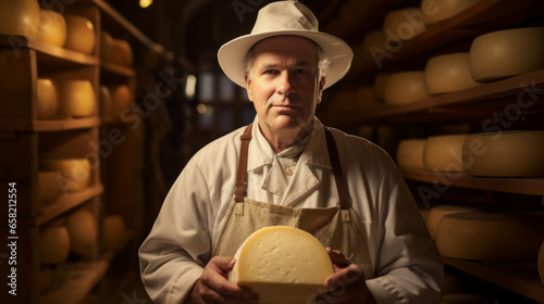 Man Cheesemaker holding a cheese wheel in a cellar