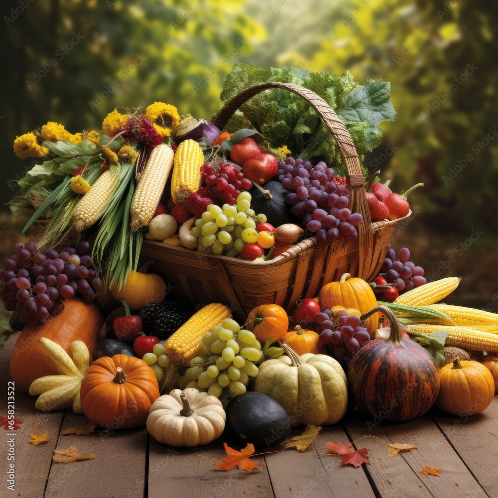 Harvest cornucopia overflowing with fruits and vegetable Harvest cornucopia overflowing with fruits and vegetable