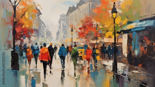 impressionist style oil painting. Bustling cityscape with bold brushstrokes a...