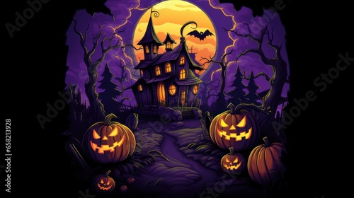 Halloween Haunted House Graphic Tee with Pumpkin Heads and Violet Background