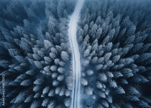 an aerial shot of snowy road in the middle of a forest