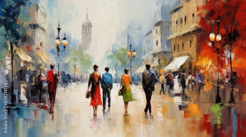 impressionist style oil painting. Bustling cityscape with bold brushstrokes and pops of color © olegganko