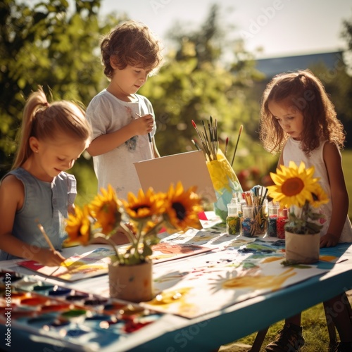 Group of children painting outdoors on a sunny day