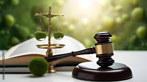 International Law and Environment Law.Green World and gavel on a book with scales of justice. law for global economic regulation aligned with the principles of sustainable environmental conservation. photo