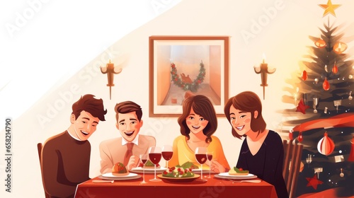 photo of happy family at christmas dinner in the style of minimalist backgrounds