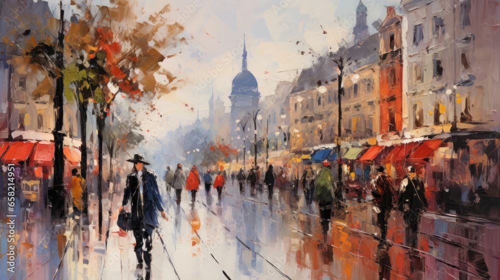 impressionist style oil painting. Bustling cityscape with bold brushstrokes and pops of color. - obrazy, fototapety, plakaty 