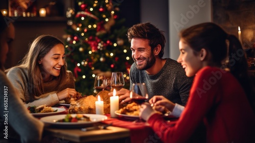 photo of happy family at christmas dinner in the style of minimalist backgrounds