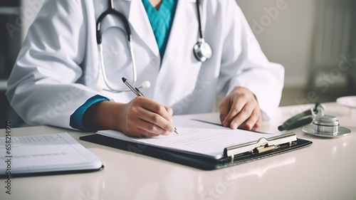 Close-up of doctor filling up medical form while sitting at the table.