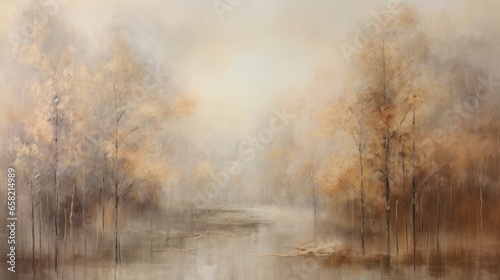impressionist style oil painting. Tranquil forest scene with a misty atmosphere