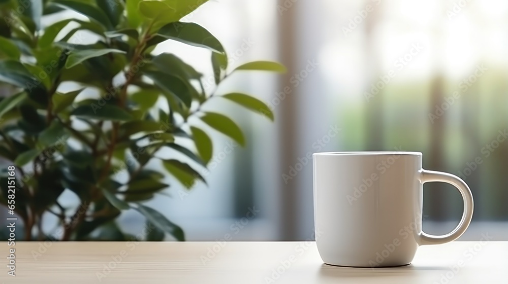 A Coffee Cup and Plant Adorn a Table in a Cozy Coffee Shop Studio Interior.