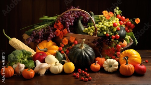 Harvest cornucopia overflowing with fruits and vegetable
