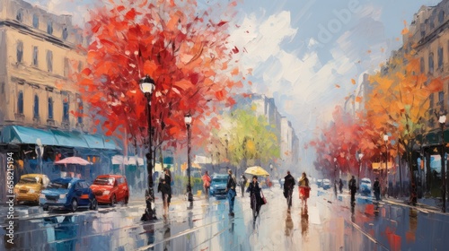 impressionist style oil painting. Bustling cityscape with bold brushstrokes a...
