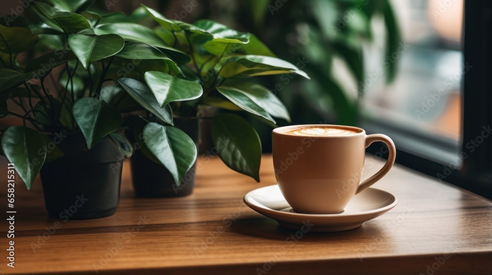 A Coffee Cup and Plant Adorn a Table in a Cozy Coffee Shop Studio Interior. A Coffee Cup and Plant Adorn a Table in a Cozy Coffee Shop Studio Interior.