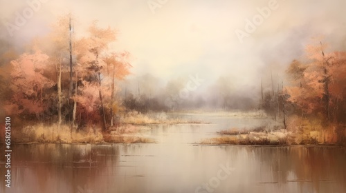 impressionist style oil painting. Tranquil forest scene with a misty atmosphere © olegganko